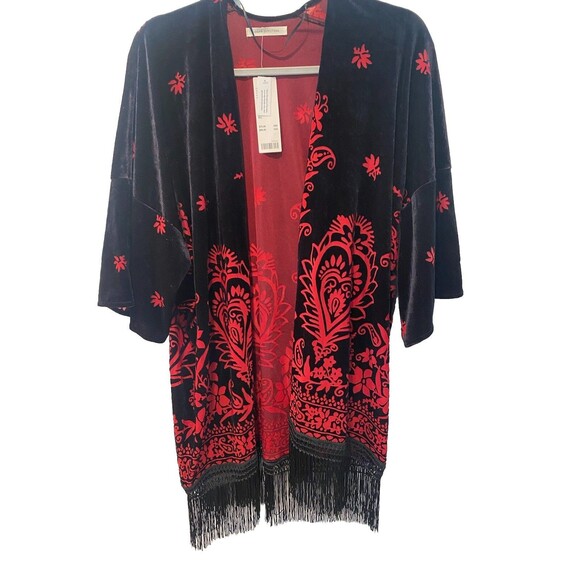 Urban Outfitters Fringe Burnout Velvet Kimono Cardigan One Size Open Front Top - Picture 3 of 10